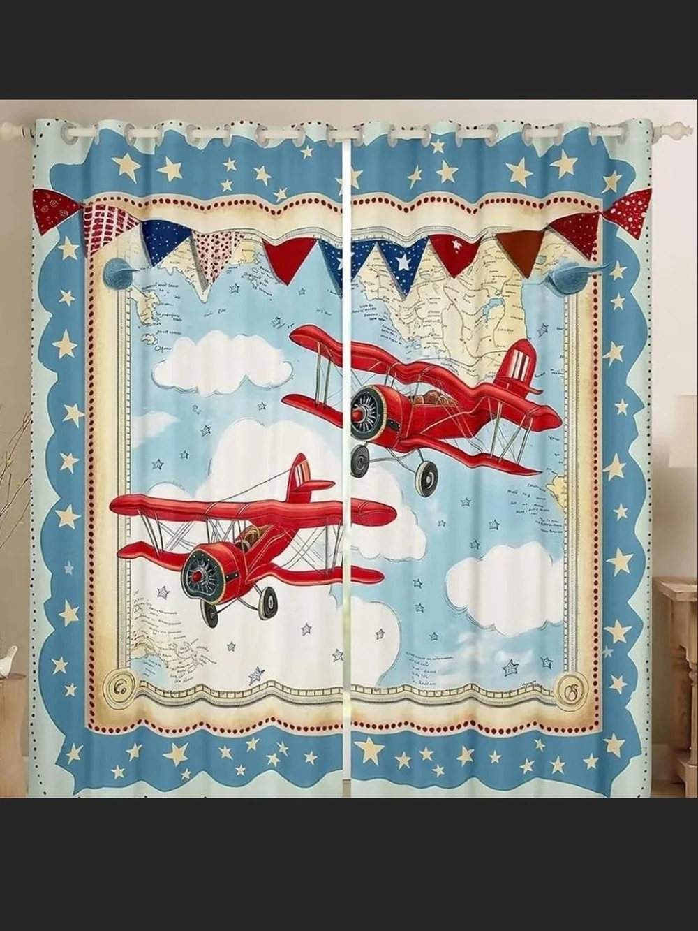 Children's Red Airplane Curtain Panel Set